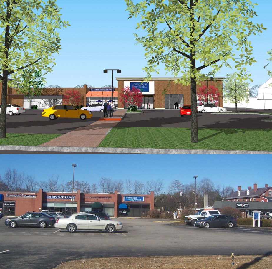 Commercial strip before renovation and architects' sketch